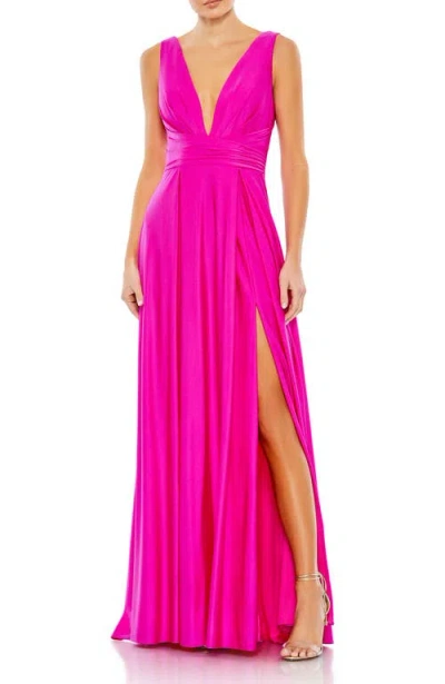 Mac Duggal Plunge Neck Gown In Hot Pink