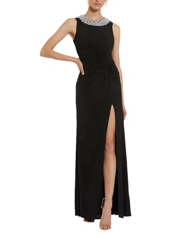 Mac Duggal Jersey Sleeveless Beaded Neck Gown With Twist In Black