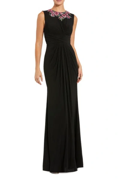 Mac Duggal Jersey Twist Gown With Beaded Shoulders In Multi