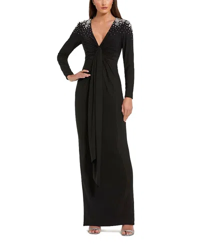 Mac Duggal Jersey V Neck Faux Knot Beaded Shoulders Detail Gown In Black