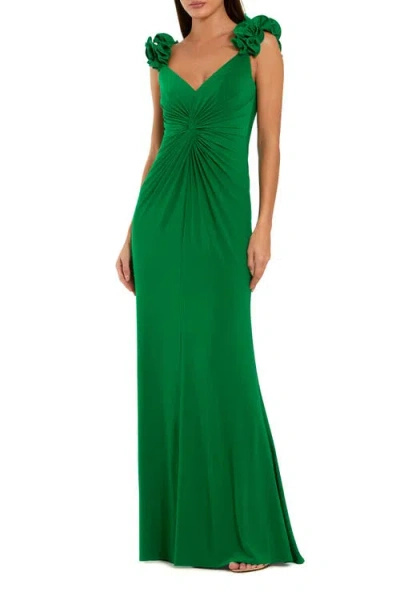Mac Duggal Jersey V Neck Gown With 3d Flower Straps In Green