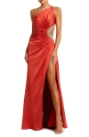 Mac Duggal Crystal Embellished Side Cutout One-shoulder Gown In Red
