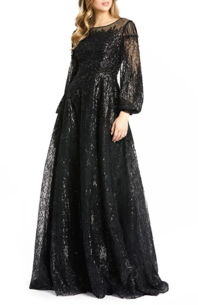 MAC DUGGAL MAC DUGGAL JEWEL ENCRUSTED ILLUSION LONG SLEEVE A LINE GOWN