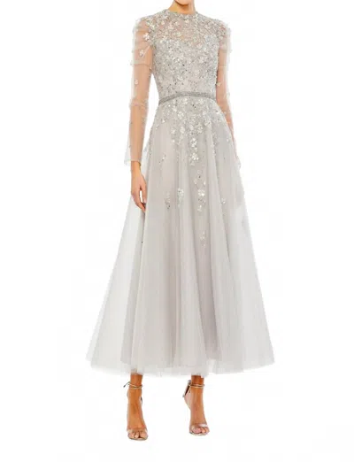 Mac Duggal Jewel Neck Long Sleeve Dress In Platinum In Gray