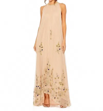 Mac Duggal Jewel Neckline High Low Dress In Nude/gold In Orange