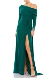 Mac Duggal One-shoulder Long Sleeve Jersey Gown In Emerald