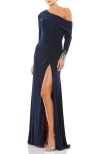 Mac Duggal Long-sleeve Beaded Cuff Asymmetric Jersey Wrap Gown In Midnight