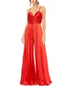 Mac Duggal Pleated Plunge Neck Wide Leg Jumpsuit In Red