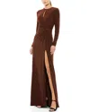 Mac Duggal Ruched Keyhole Long Sleeve Jersey Gown In Brown
