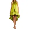 Mac Duggal Keyhole High Neck Satin Ruffle Hem Mini Dress In Apple Green
