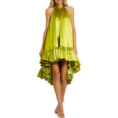 Mac Duggal Keyhole High Neck Satin Ruffle Hem Mini Dress In Apple Green