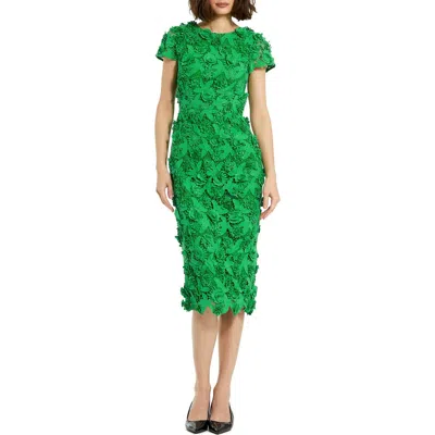 Mac Duggal Lace 3d Flower Fitted Short Sleeve Midi Dress In Green