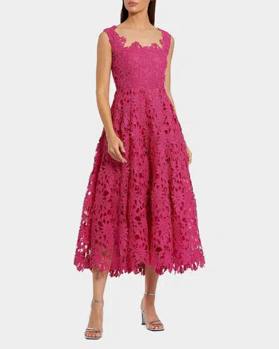 Mac Duggal Sleeveless Square Neck Lace A-line Midi Dress In Pink