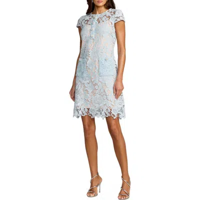 Mac Duggal Lace Cap Sleeve Floral Applique Mini Dress In Blue
