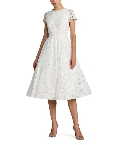 Mac Duggal Lace Embellished Cap Sleeves A Line Midi Dress In White