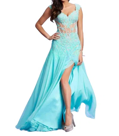 Mac Duggal Lace Gown In Aqua/nude In Blue