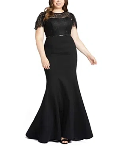 Mac Duggal Lace Illusion High Neck Cap Sleeve Gown In Black