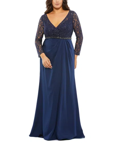 Mac Duggal Lace Illusion Long Sleeve V-neck Draped In Blue