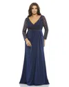 Mac Duggal Navy Lace Illusion Long Sleeve V-neck Draped Gown (plus) In Multi