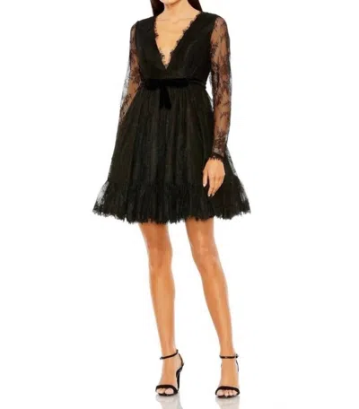 Mac Duggal Lace Long Sleeve Mini Dress In Black