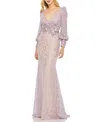 Mac Duggal Lace Long Sleeve V Neck Embellished Gown In Vintage-like Lilac