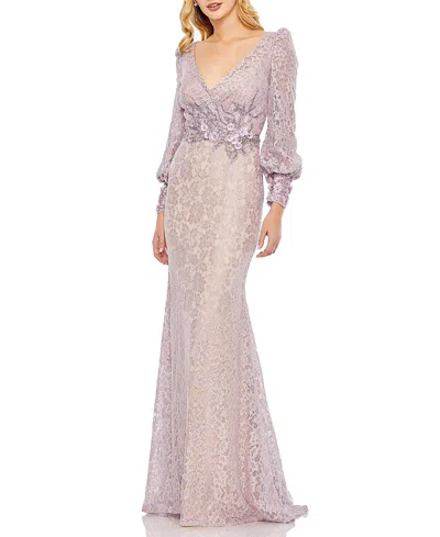 Mac Duggal Lace Long Sleeve V Neck Embellished Gown In Vintage Lilac