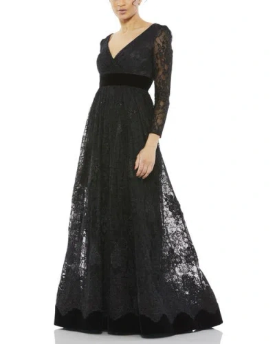 Mac Duggal Lace Long Sleeve Wrap Over Velvet Waistband A Line In Black