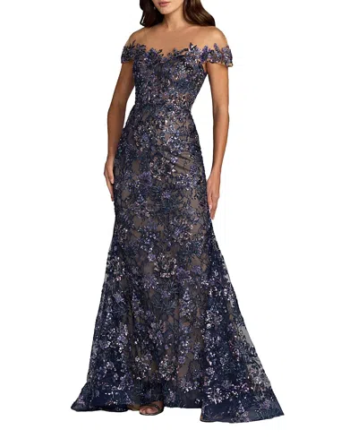 Mac Duggal Lace Mesh Illusion Neck Cap Sleeve Trumpet Gown In Blue