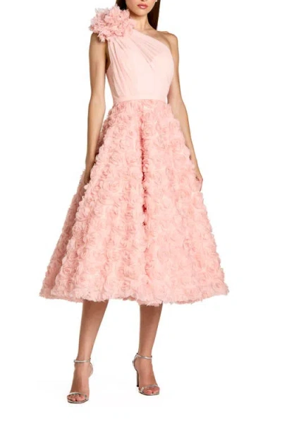 Mac Duggal Lace One Shoulder 3d Flower A Line Midi Dress In Pink