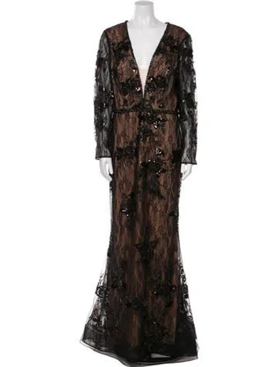 Pre-owned Mac Duggal Lace Pattern Long Dress In Black