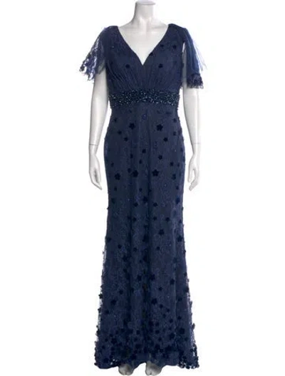 Pre-owned Mac Duggal Lace Pattern Long Dress In Blue