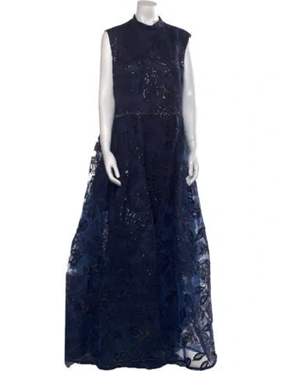 Pre-owned Mac Duggal Lace Pattern Long Dress In Blue