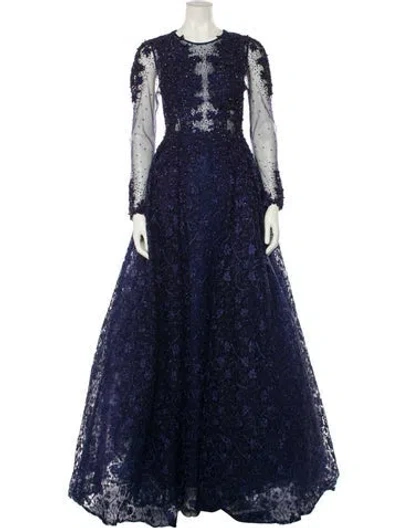 Pre-owned Mac Duggal Lace Pattern Long Dress In Blue