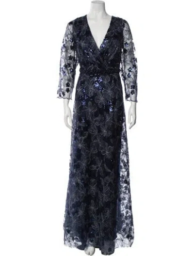 Pre-owned Mac Duggal Lace Pattern Long Dress In Blue