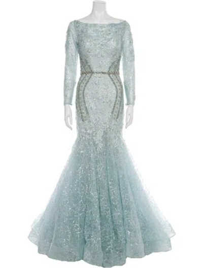 Pre-owned Mac Duggal Lace Pattern Long Dress In Blue