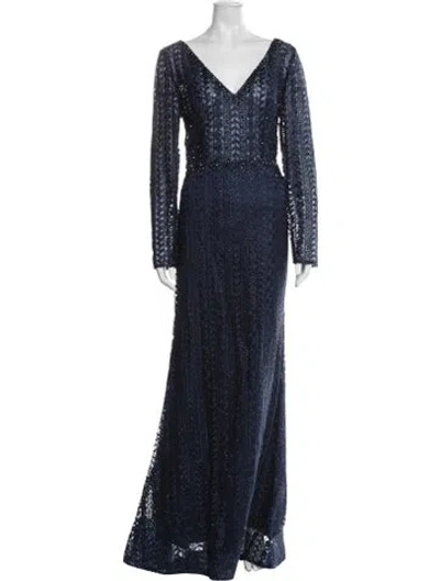 Pre-owned Mac Duggal Lace Pattern Long Dress In Blue