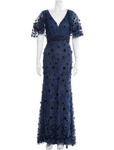 Pre-owned Mac Duggal Lace Pattern Long Dress In Blue