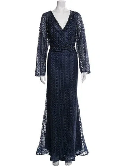 Pre-owned Mac Duggal Lace Pattern Long Dress In Blue