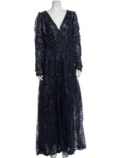 Pre-owned Mac Duggal Lace Pattern Long Dress In Blue