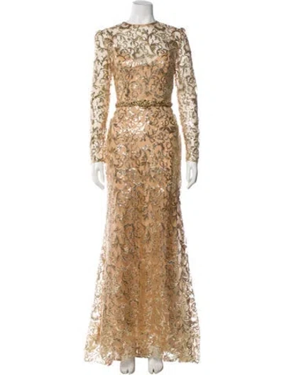 Pre-owned Mac Duggal Lace Pattern Long Dress In Gold