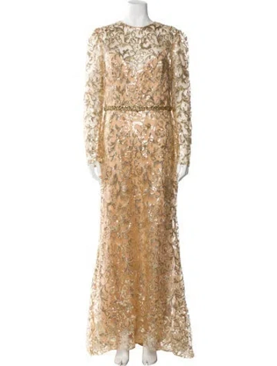 Pre-owned Mac Duggal Lace Pattern Long Dress In Gold