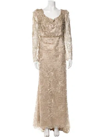 Pre-owned Mac Duggal Lace Pattern Long Dress In Gold