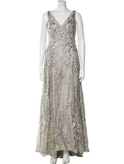 Pre-owned Mac Duggal Lace Pattern Long Dress In Gray