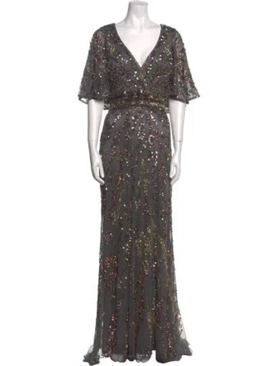 Pre-owned Mac Duggal Lace Pattern Long Dress In Gray