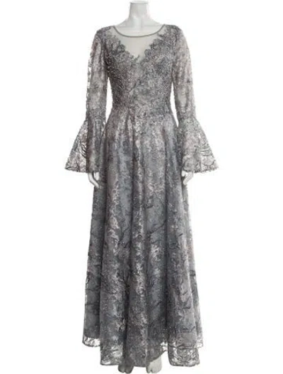 Pre-owned Mac Duggal Lace Pattern Long Dress In Gray