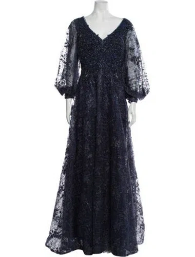 Pre-owned Mac Duggal Lace Pattern Long Dress In Gray