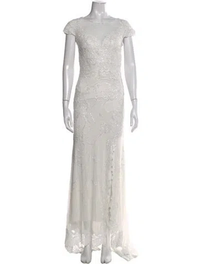 Pre-owned Mac Duggal Lace Pattern Long Dress In Gray