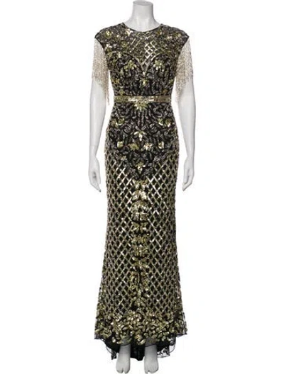 Pre-owned Mac Duggal Lace Pattern Long Dress In Green