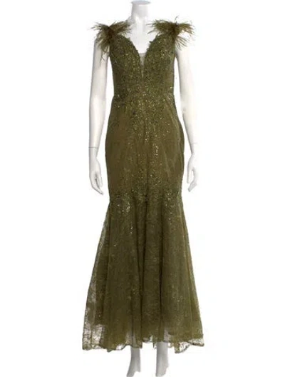 Pre-owned Mac Duggal Lace Pattern Long Dress In Green