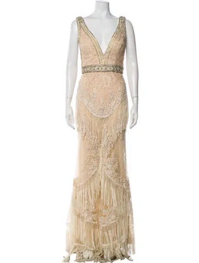 Pre-owned Mac Duggal Lace Pattern Long Dress In Neutral